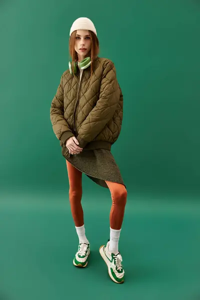 A young woman with anorexia presents her unique fashion sense in a bright green environment. — Stock Photo