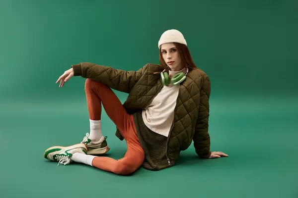 Une jeune femme dans une tenue élégante s'assoit gracieusement sur le sol, soulignant ses caractéristiques frappantes. — Photo de stock