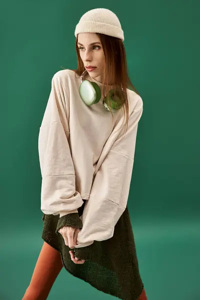 Une jeune femme portant des vêtements surdimensionnés met en valeur de manière poignante sa bataille contre l'anorexie. — Photo de stock