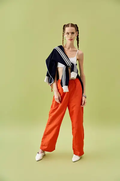 Beautiful young woman stands confidently in vibrant clothing while dealing with anorexia. — Stock Photo