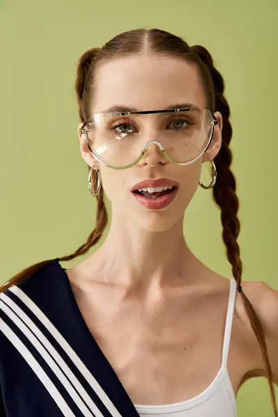 Une jeune femme met en valeur avec confiance son style unique avec des cheveux tressés et des lunettes de déclaration. — Photo de stock