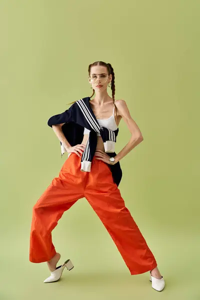 Une jeune femme en pantalon orange vif et un haut décontracté reflète sa lutte intérieure. — Photo de stock