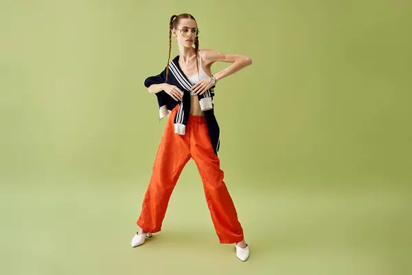 Jeune femme élégante met en valeur sa tenue unique sur un fond vert vif. — Photo de stock
