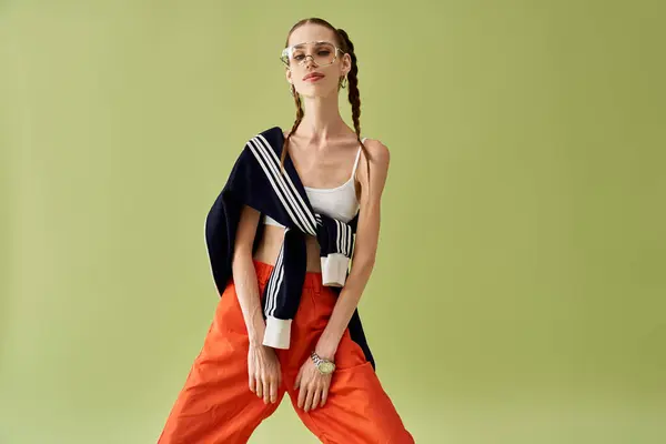 Une jeune femme pose avec confiance en tenue décontractée, rayonnant de beauté malgré sa bataille contre l'anorexie. — Photo de stock