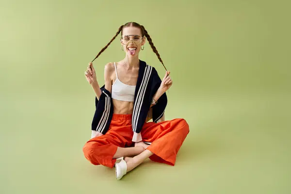 Una joven sentada con las piernas cruzadas muestra su lado juguetón mientras maneja su trastorno alimenticio. — Stock Photo