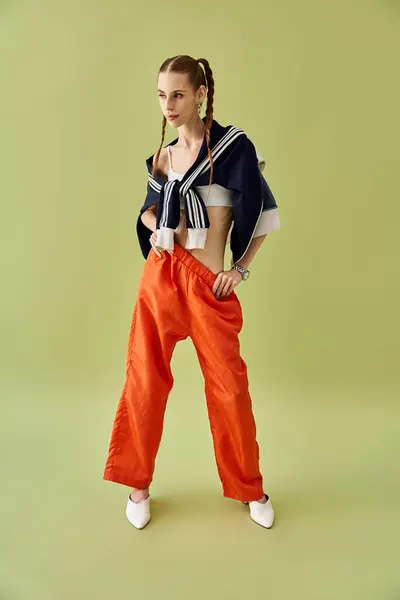 A young woman stands confidently in colorful clothing, reflecting her battle with anorexia. — Stock Photo
