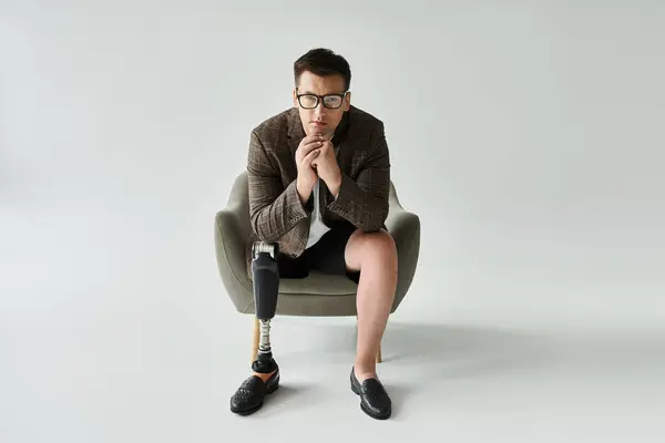 Young man with a prosthetic leg sits thoughtfully in a stylish chair, exuding confidence and poise. — Stock Photo
