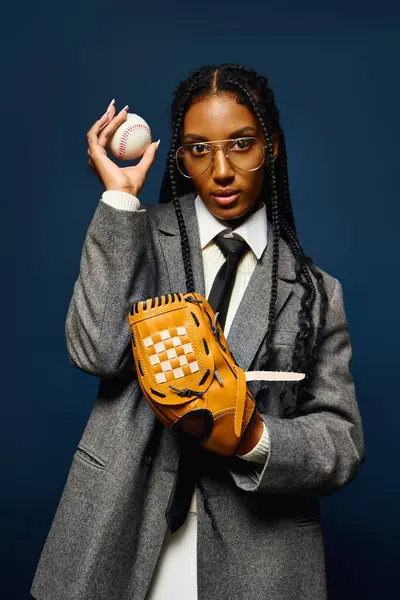 Confident young woman showcases her sporty side while dressed in elegant attire. — Stock Photo