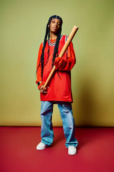 A young woman confidently showcases her unique style, holding a baseball bat. — Stock Photo