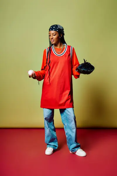 A young woman dressed in sporty attire, holding a baseball and glove, exudes confidence and flair. — Stock Photo