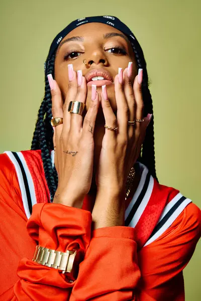 A young woman poses confidently, flaunting her unique style and accessories with charm. — Stock Photo