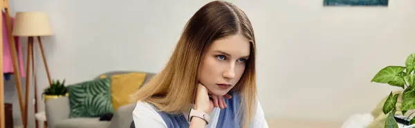Набридла дівчина-підліток зосереджена на своїй творчій діяльності в її стильній і комфортній кімнаті, банер — стокове фото