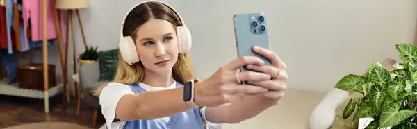 Uma adolescente em seu quarto elegante leva uma selfie enquanto usa fones de ouvido sem fio, banner — Fotografia de Stock