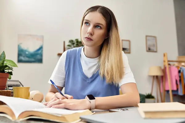 Teenage girl is focused on her studies at home, surrounded by her favorite items in a cozy room. — Stock Photo