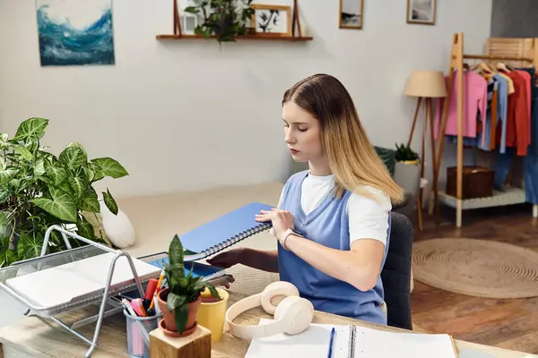 A teenage girl engages with her sketchbook in a cozy, stylish room reflecting youth culture. — Stock Photo