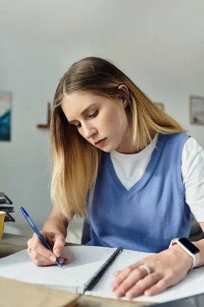 A teenage girl diligently sketches and writes in her room, capturing youthful creativity and focus. — Stock Photo