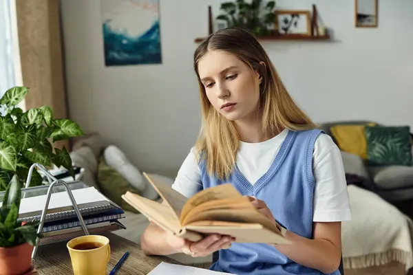 Une jeune fille dans sa chambre élégante aime lire tout en étant entourée de plantes et de décoration à la maison. — Stock Photo