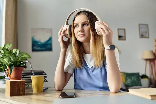 Pretty teenage girl enjoys music in her cozy room, surrounded by personal touches and inspiration. — Stock Photo