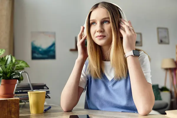 A young teen listens to music while relaxing at home, surrounded by a cozy and vibrant atmosphere. — Stock Photo