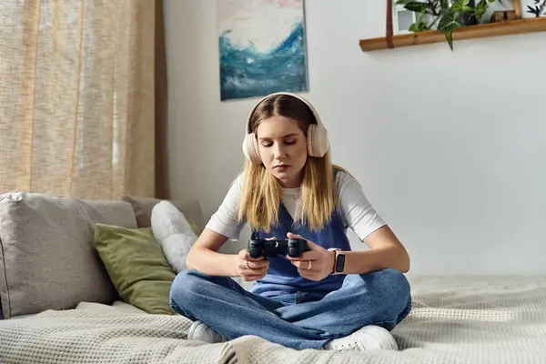 Una ragazza adolescente si siede comodamente nella sua stanza, completamente immersa nel gioco mentre le cuffie sportive. — Foto stock