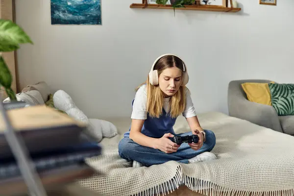 Un'adolescente si siede a gambe incrociate sul suo letto, profondamente concentrata sul gioco con le cuffie. — Foto stock