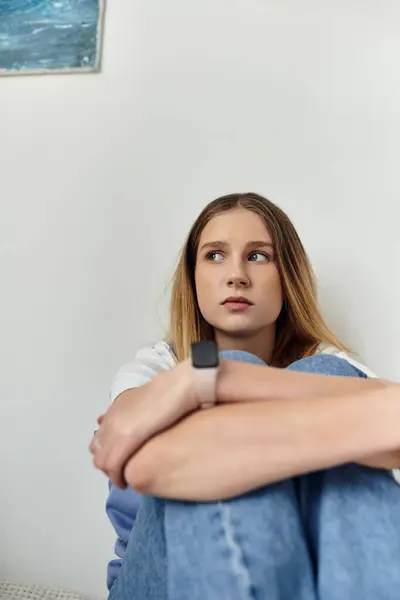 A pretty teenage girl sits thoughtfully in her room, embracing youth and personal style. — Stock Photo