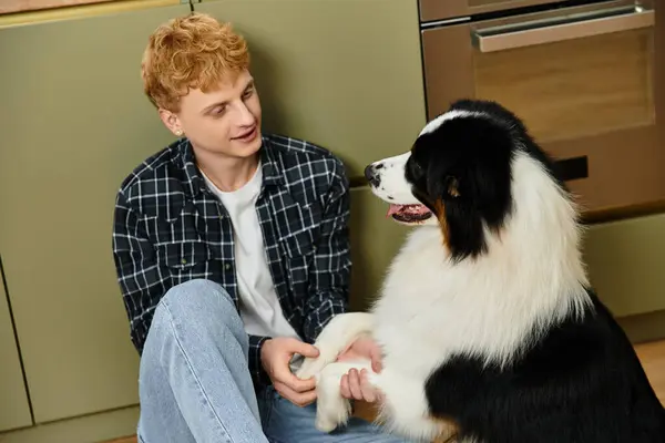 Young man interacts lovingly with his cute Australian Shepherd in a cozy modern apartment. — Stock Photo