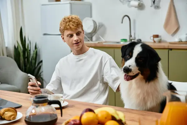 Inside a modern apartment, a young redhead man relaxes with his Australian Shepherd, savoring life. — Stock Photo