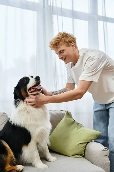 A young redhead man shares a joyful moment with his Australian Shepherd in a cozy home. — Stock Photo