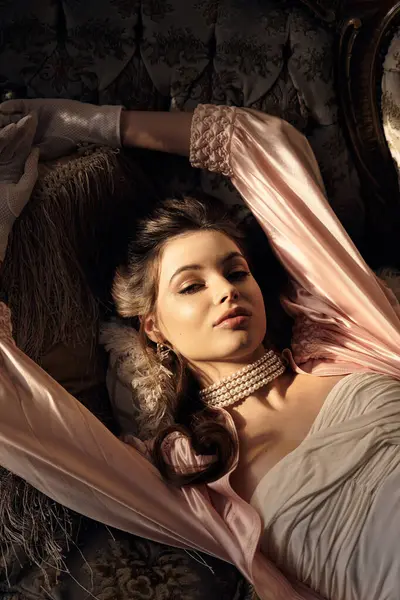 A young woman relaxes in a vintage setting filled with enchanting beauty and fantasy. — Stock Photo