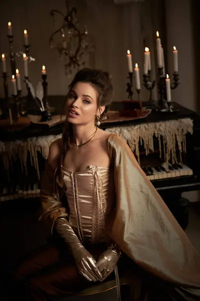 A young woman embodies a vampire allure while seated in a dim, enchanting room adorned with candles. — Stock Photo