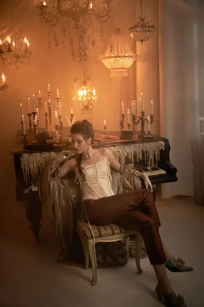 Young woman with vampire attributes relaxes in a luxurious, candlelit room adorned with elegance. — Stock Photo