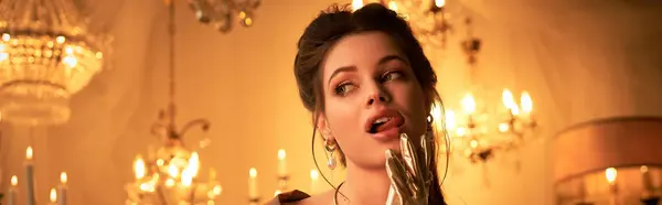 A young woman embodies a mystical vampire character, captivating viewers in an enchanting space. — Stock Photo