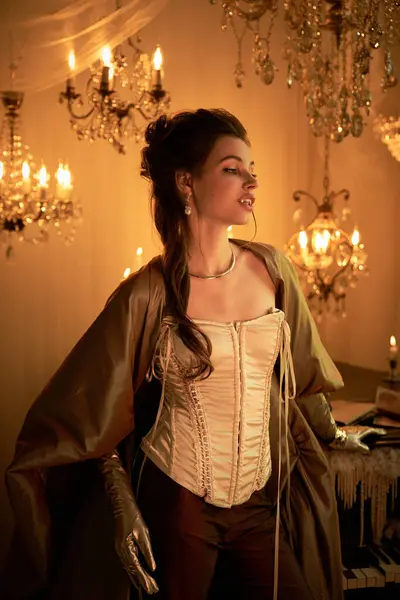 A young woman in a vampire costume stands gracefully under shimmering chandeliers. — Stock Photo