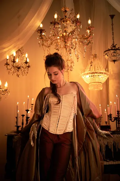 A stunning young woman in vampire attire stands elegantly in a candlelit, lavish room. — Stock Photo