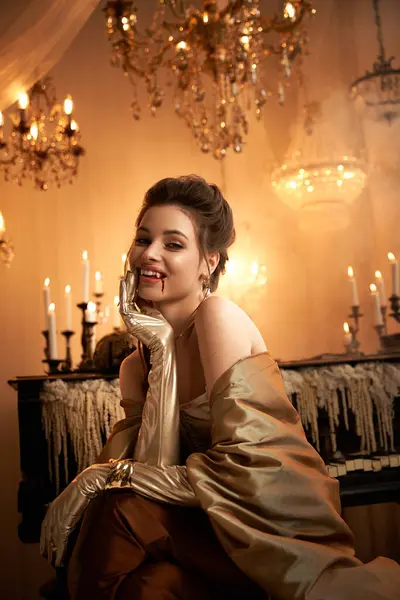 A young woman in golden gloves radiates mystery and charm in a grand, candlelit room. — Stock Photo