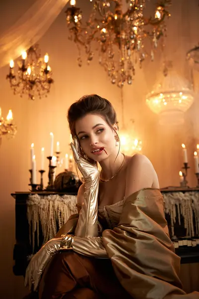 Eine bezaubernde junge Frau strahlt Fantasie und Eleganz aus und offenbart ihr vampirhaftes Wesen. — Stockfoto