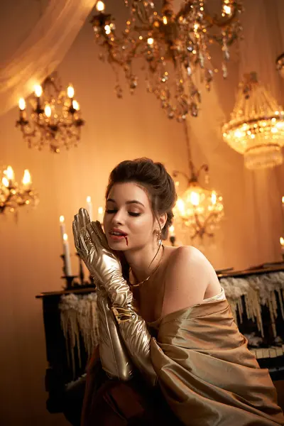 Young vampire beauty with golden gloves savors the captivating ambiance and candlelight. — Stock Photo