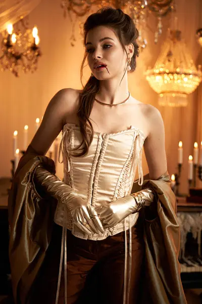 Unter sanftem Kerzenlicht verkörpert eine junge Frau Mysterium mit vampirhafter Essenz und eleganter Kleidung. — Stockfoto