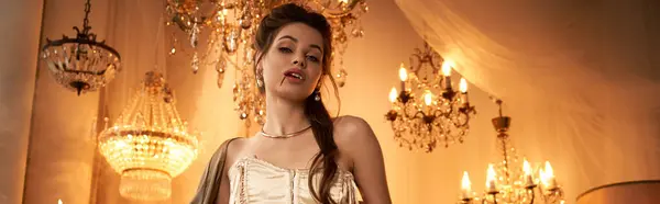 Eine junge Frau posiert anmutig in einem opulenten Raum und verströmt Vampir-Reiz. — Stockfoto