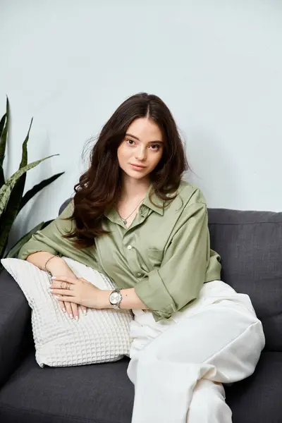 In a cozy corner, a beautiful young woman with long hair enjoys a tranquil moment on a couch. — Stock Photo