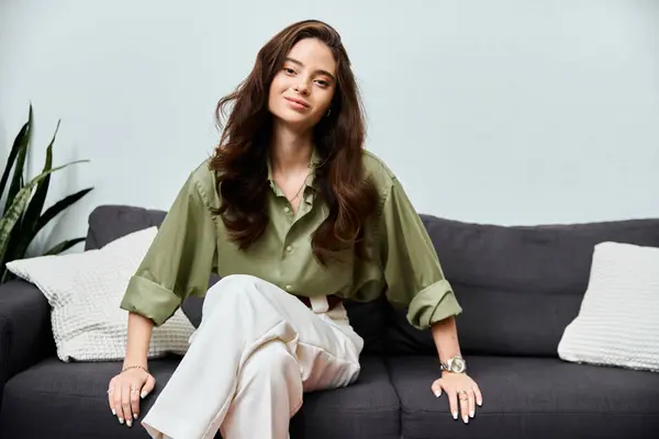 A young woman sits elegantly on a sofa, exuding relaxation and style. — Stock Photo