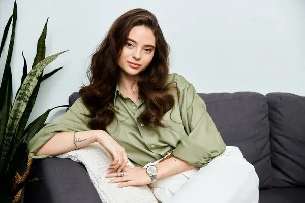 Bella giovane donna con i capelli lunghi posa elegantemente su un divano accogliente, godendo il momento. — Foto stock