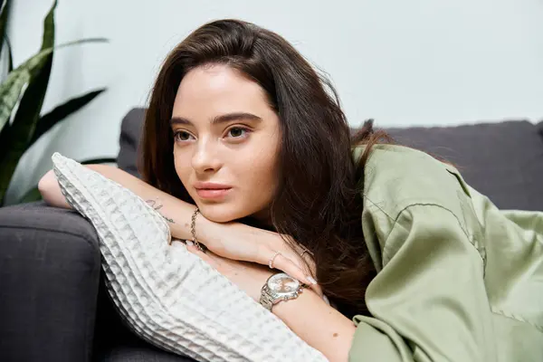 Una bella giovane donna si rilassa con grazia, persa nel pensiero mentre riposa su un morbido divano. — Stock Photo