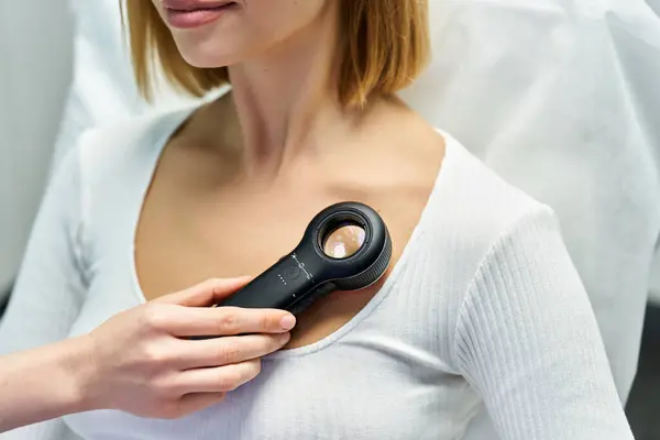 Uma jovem está recebendo um exame de pele com um dispositivo portátil em uma clínica de dermatologia. — Fotografia de Stock