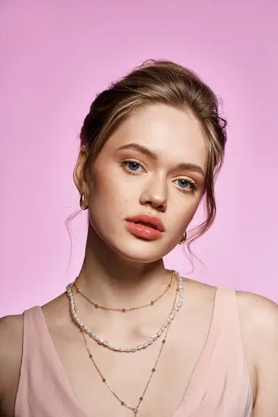 A charming young woman in chic attire and elegant accessories stands against a pink backdrop. — Stock Photo