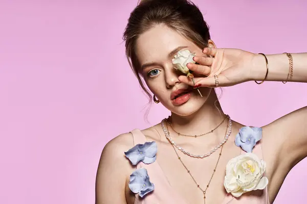 Charming young woman poses with a flower in stylish spring attire amid a vibrant backdrop. — Stock Photo