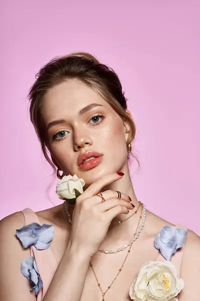 A stunning young woman showcases her chic style with floral accents and a captivating expression. — Stock Photo