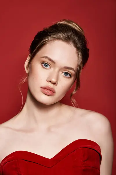 A young woman gazes confidently at the camera, showcasing her stylish attire and poised demeanor. — Stock Photo