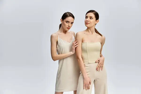 Two stunning twin sisters stand together in elegant outfits, radiating beauty and grace. — Stock Photo